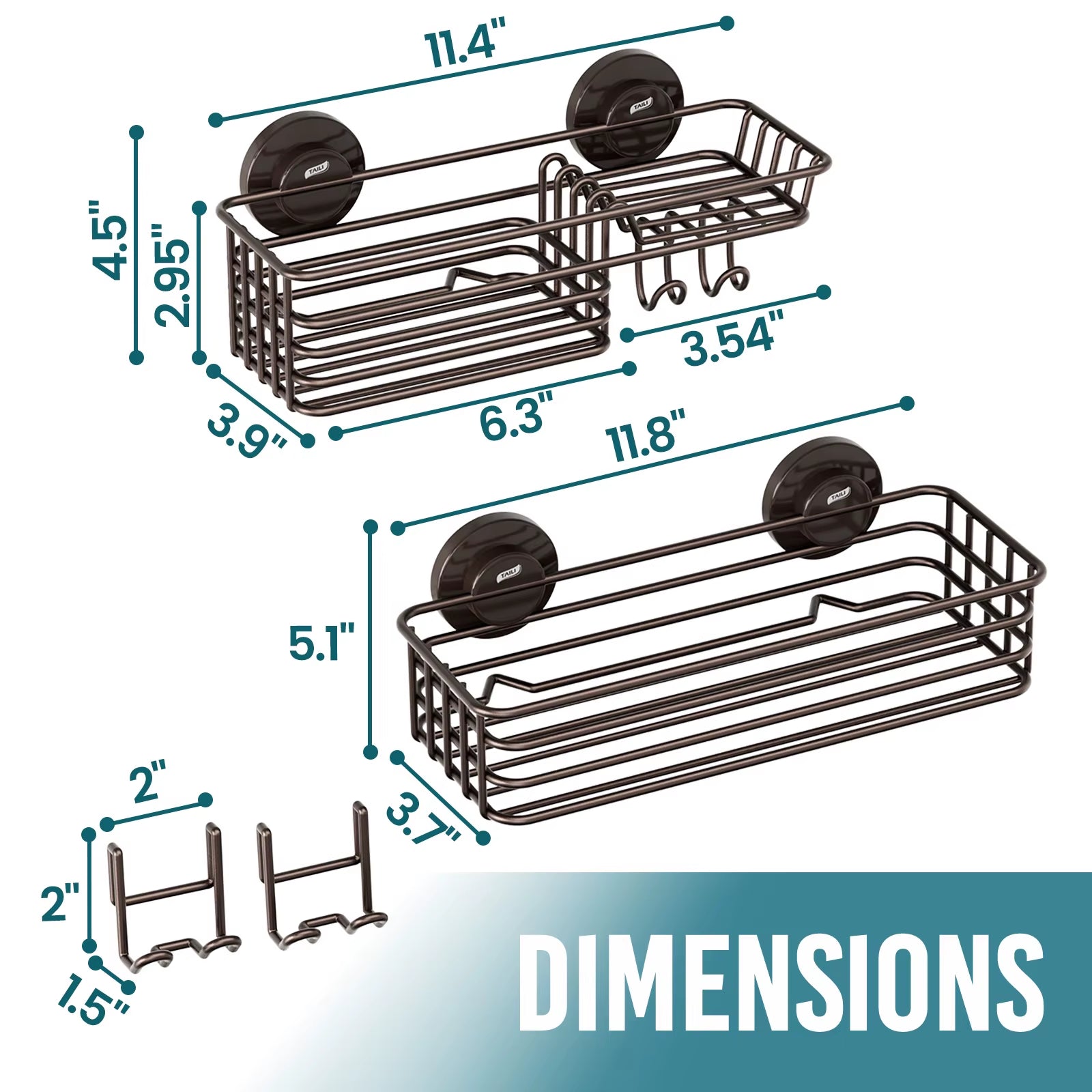 Premium Duschkorb mit Saugnapf – 2er Set mit Haken & Seifenhalter, Stabiler Bad-Organizer ohne Bohren