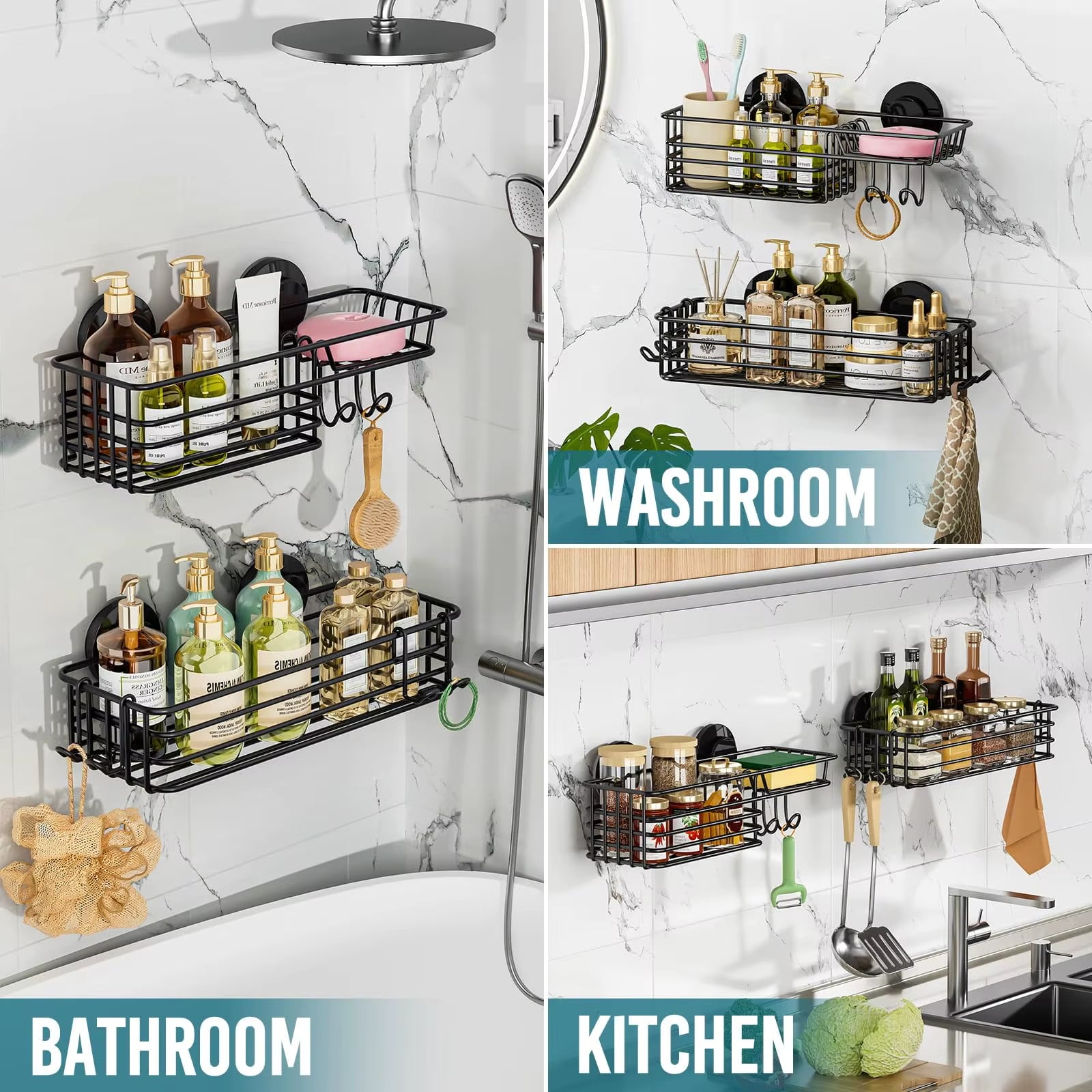 Premium Duschkorb mit Saugnapf – 2er Set mit Haken & Seifenhalter, Stabiler Bad-Organizer ohne Bohren