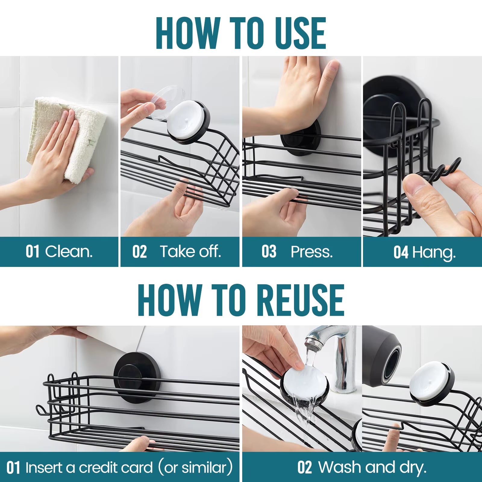 Premium Duschkorb mit Saugnapf – 2er Set mit Haken & Seifenhalter, Stabiler Bad-Organizer ohne Bohren