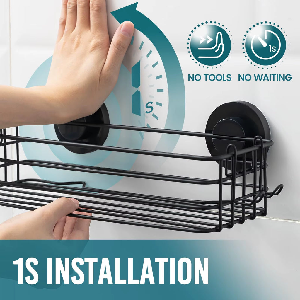 Premium Duschkorb mit Saugnapf – 2er Set mit Haken & Seifenhalter, Stabiler Bad-Organizer ohne Bohren