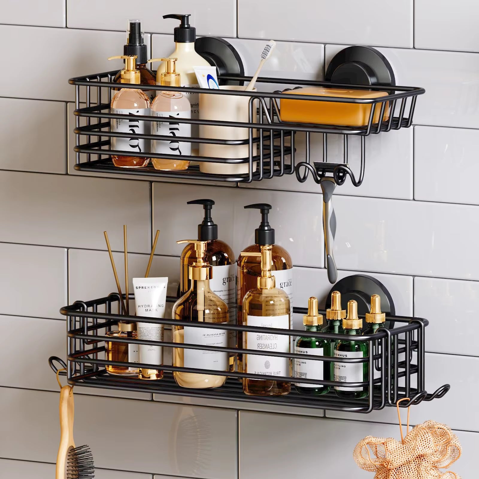 Premium Duschkorb mit Saugnapf – 2er Set mit Haken & Seifenhalter, Stabiler Bad-Organizer ohne Bohren