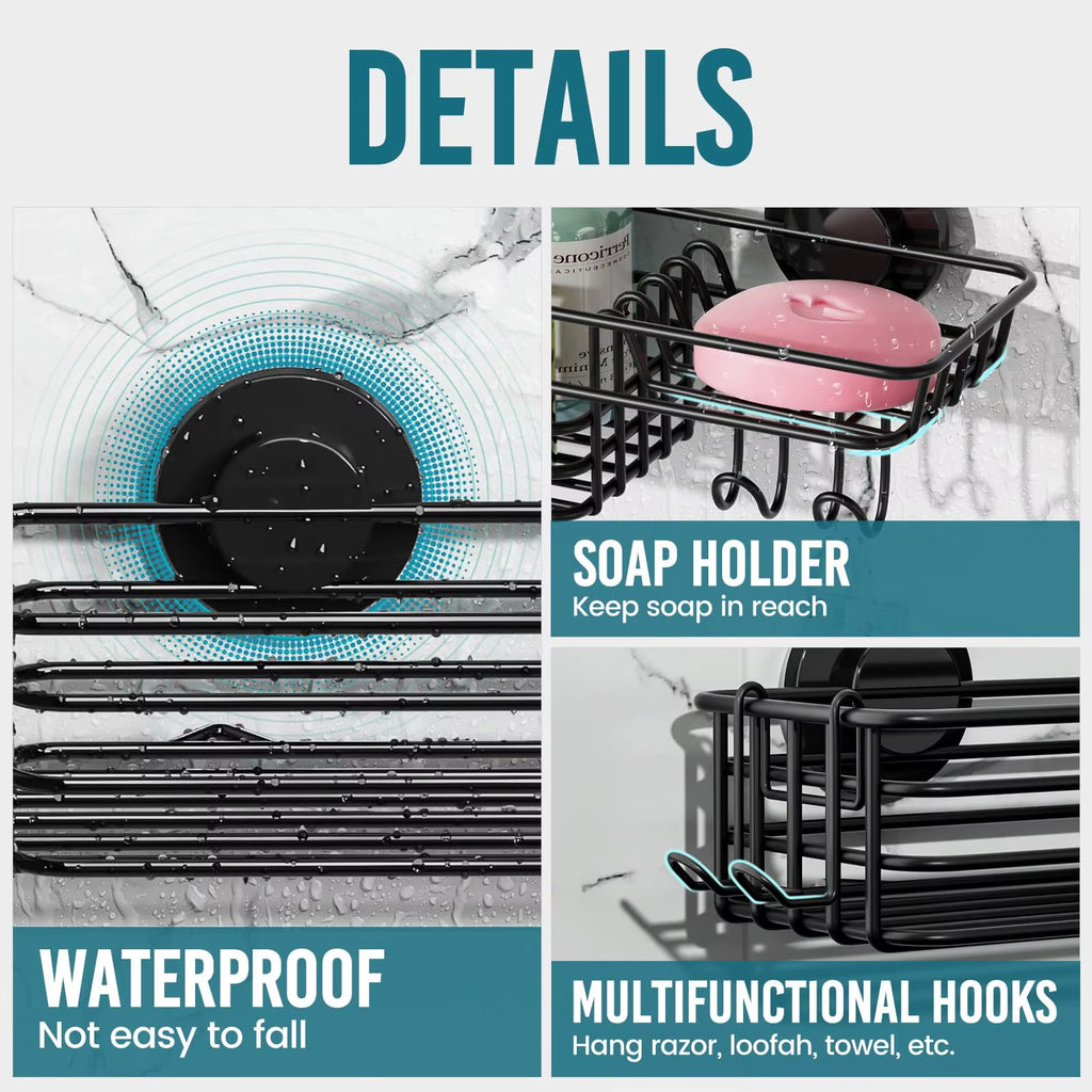Premium Duschkorb mit Saugnapf – 2er Set mit Haken & Seifenhalter, Stabiler Bad-Organizer ohne Bohren